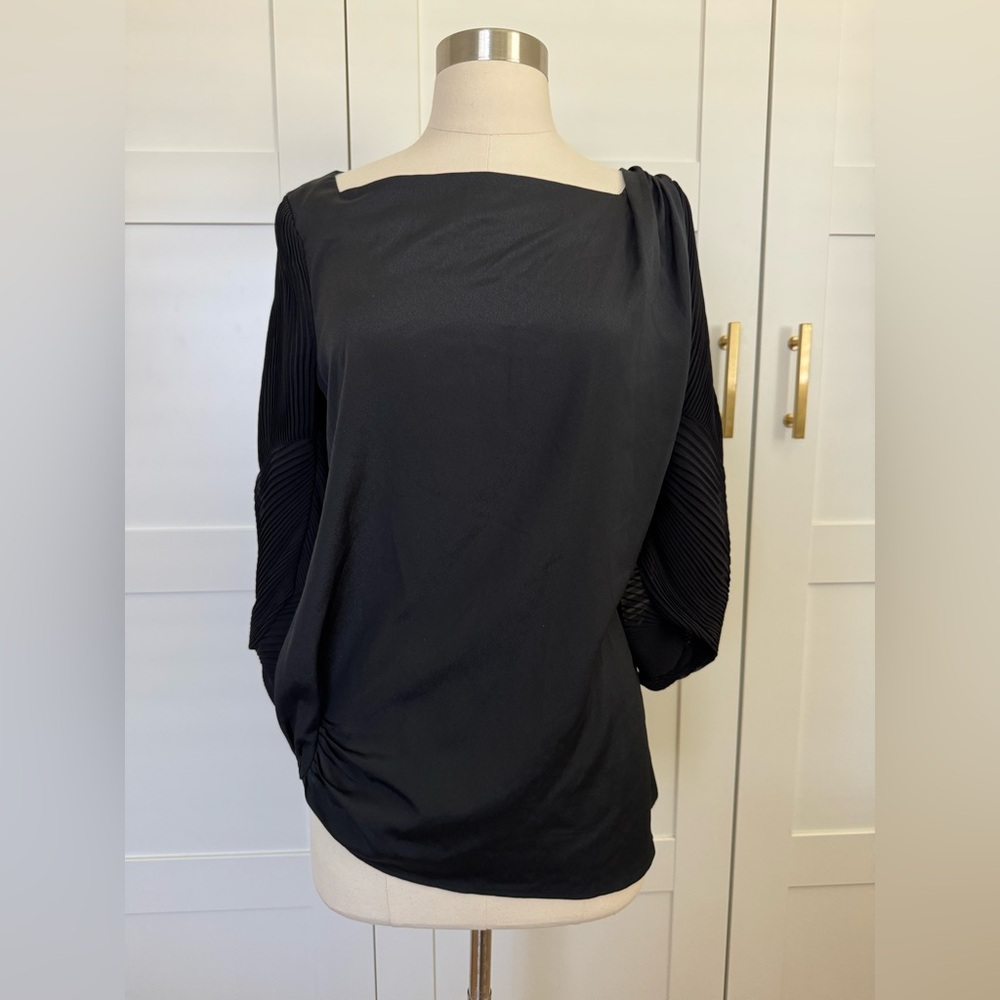 diane von furstenberg black asymmetrical pleated blouse top